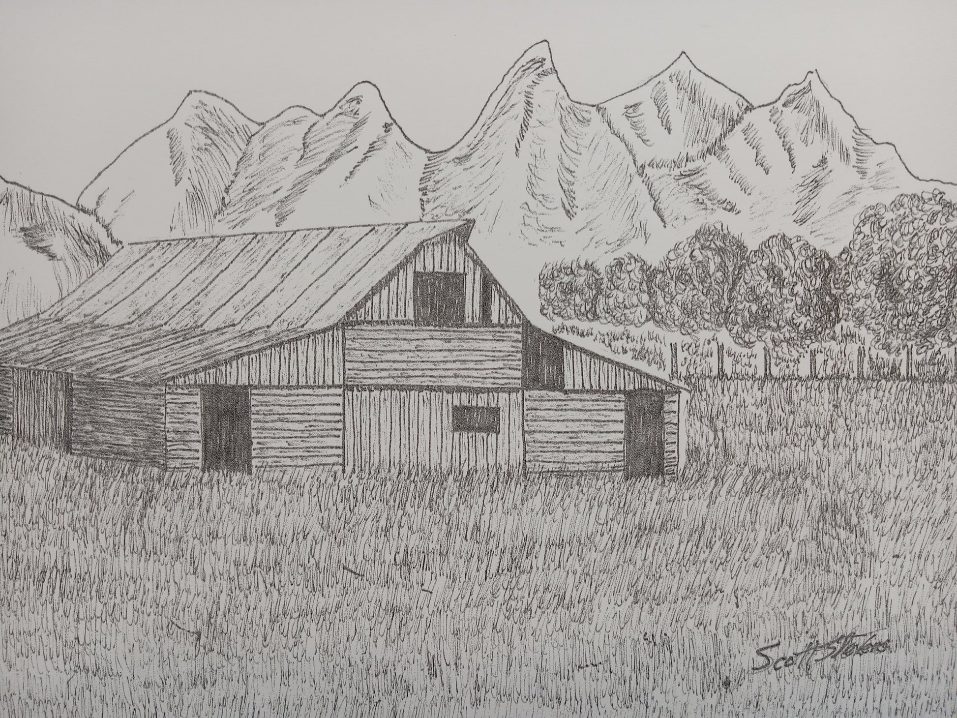 A pen and ink drawing of a mountain range with a rustic barn in the foreground.
