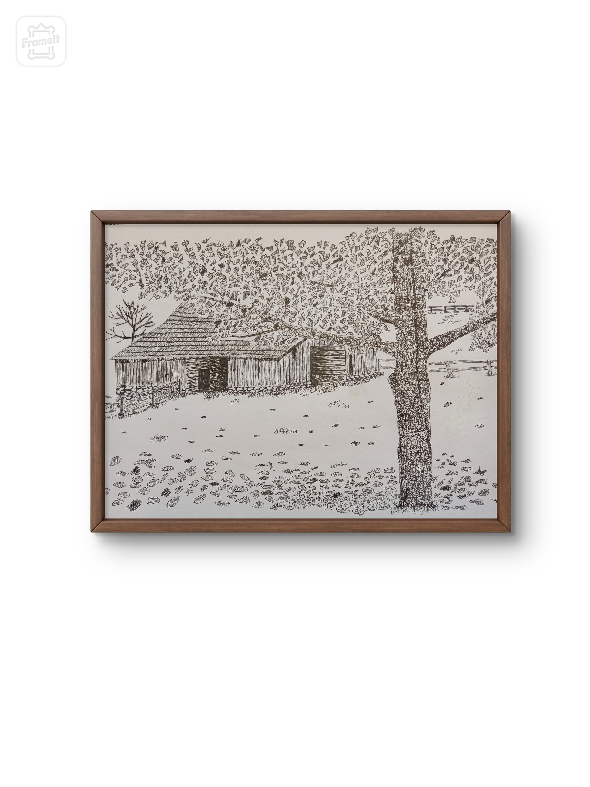 Framed print of a pen and ink drawing of an old barn, tree, and leaves.