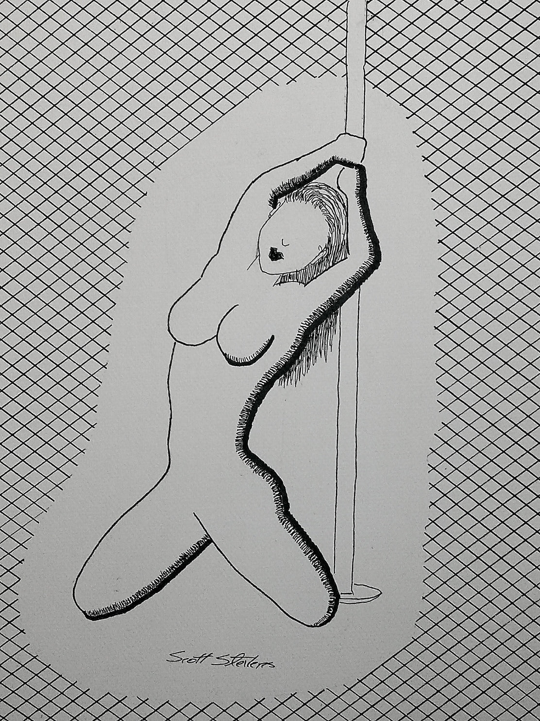 Black and white drawing of a nude figure against a grid background