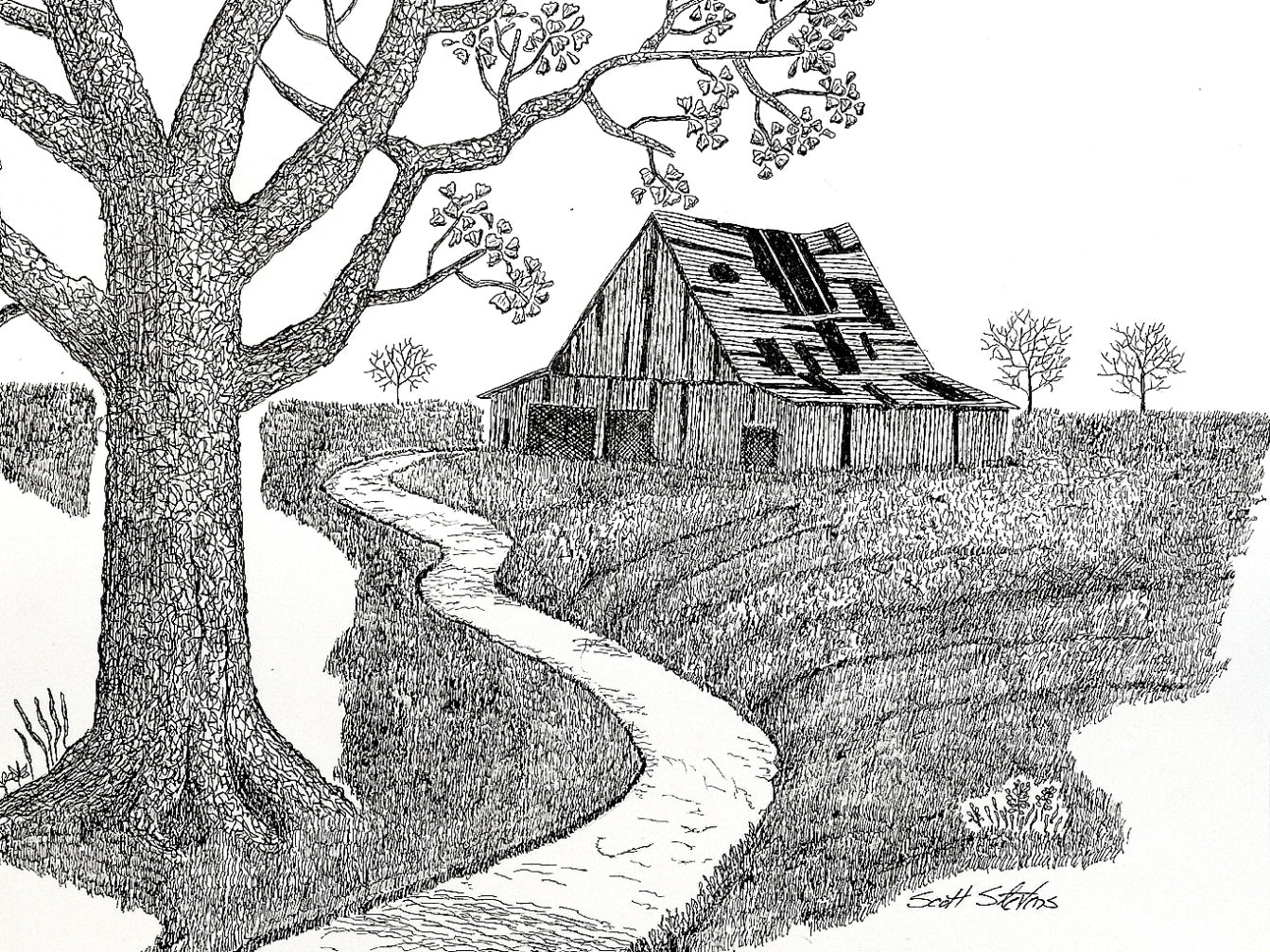 Black and white illustration of a barn on a hill with a tree and winding path.