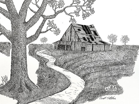 Black and white illustration of a barn on a hill with a tree and winding path.