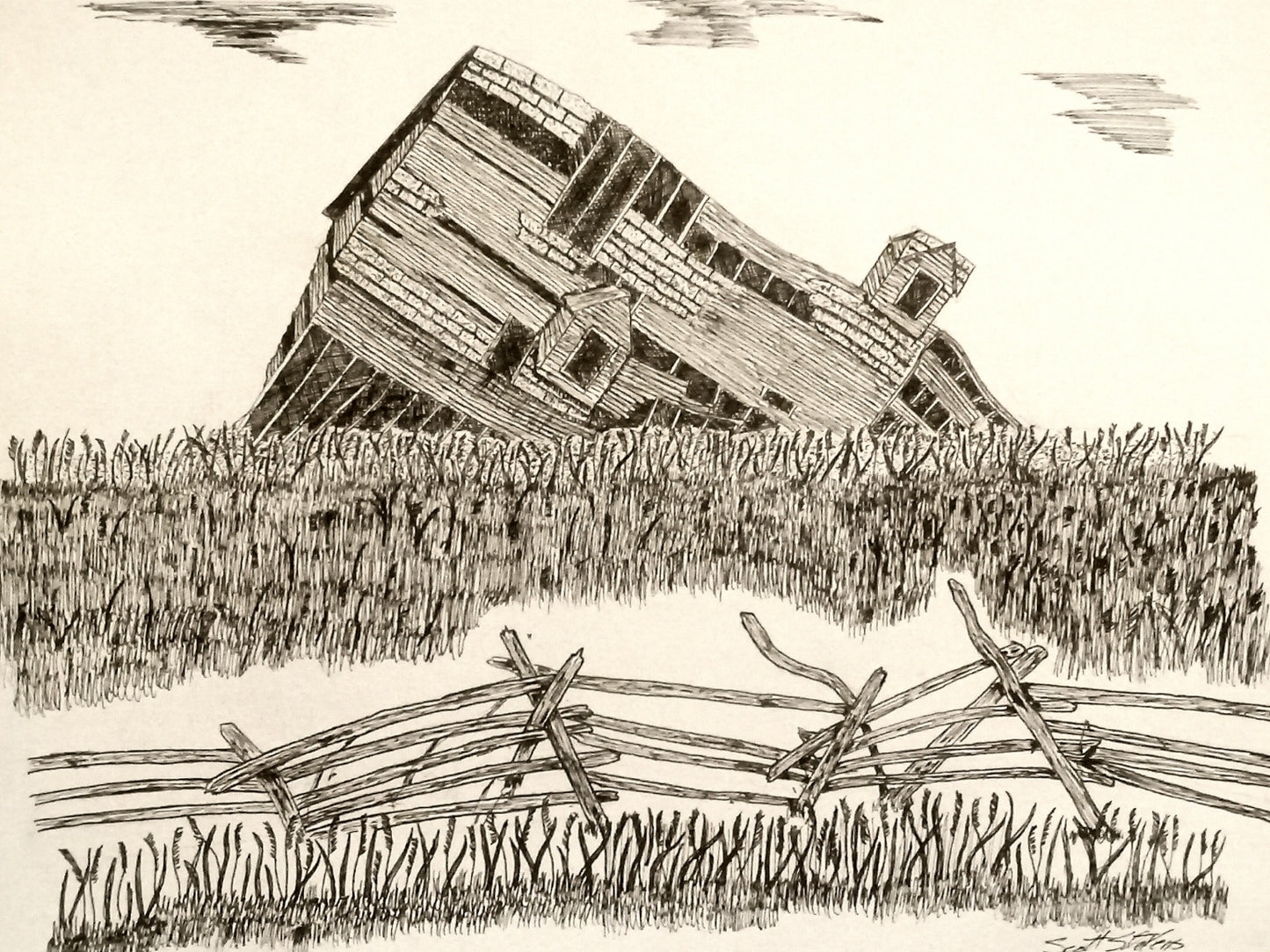 A pen and ink drawing depicting a dilapidated wooden structure, possibly a fence, with a natural outdoor background.