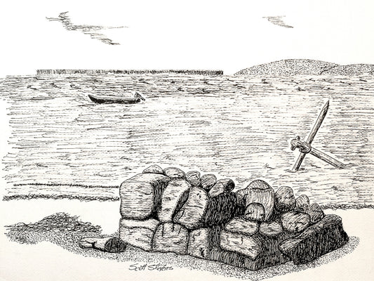 Black and white illustration of a stone wall, boat, and anchor on a beach.
