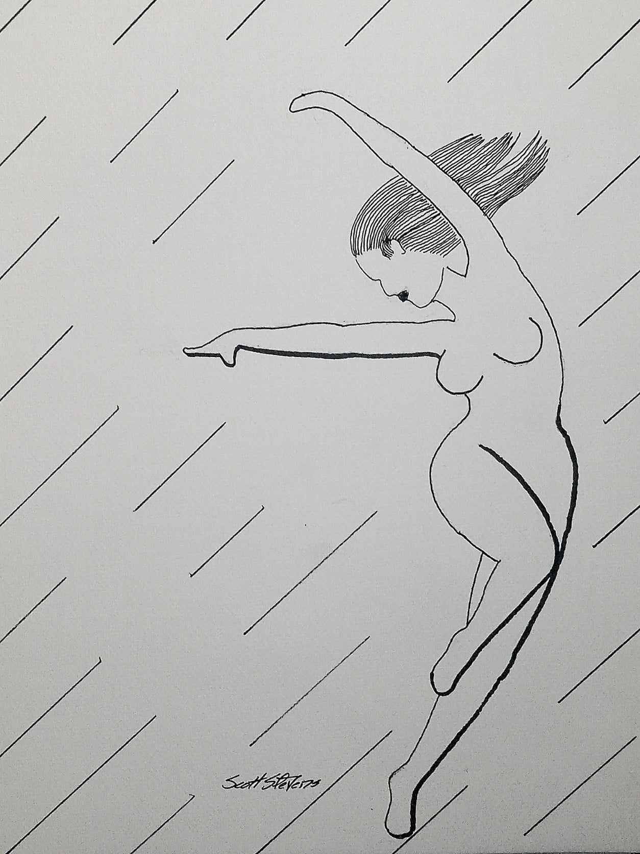 Black and white minimalist drawing of a nude dancer
