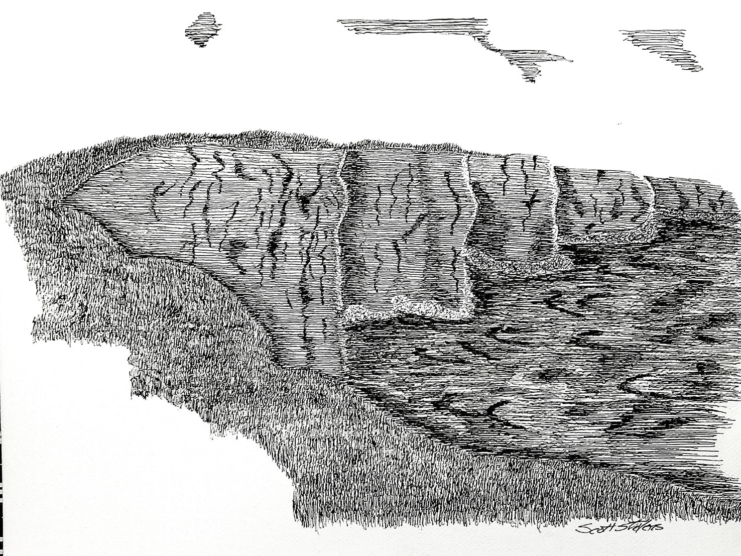 A pen and ink drawing of sea cliffs in the Burren region of County Clare, Ireland.