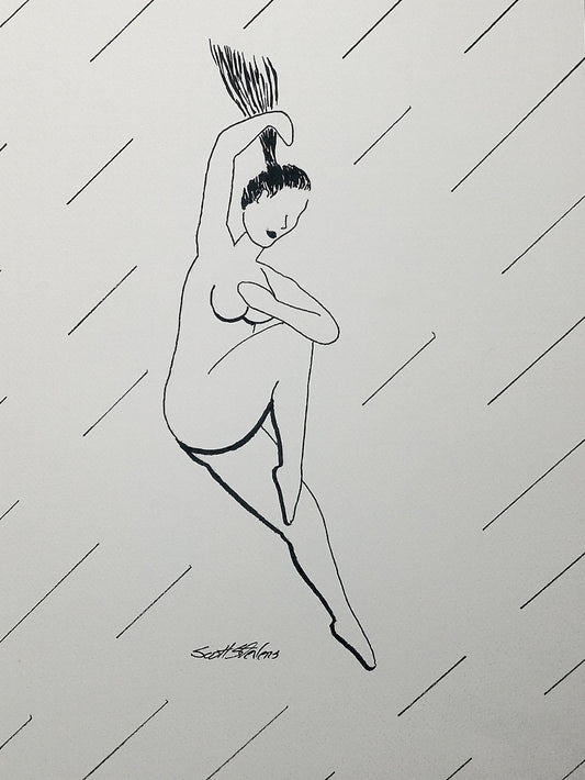 Original pen and ink drawing of a woman in movement on 9x12 watercolor paper