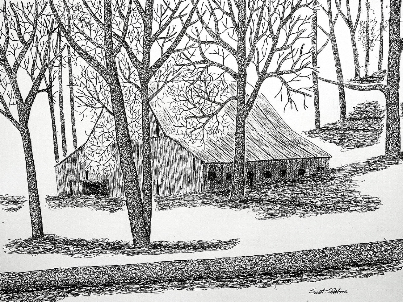 A pen and ink drawing of an old barn surrounded by trees with no leaves on them, depicting a scene likely in autumn.