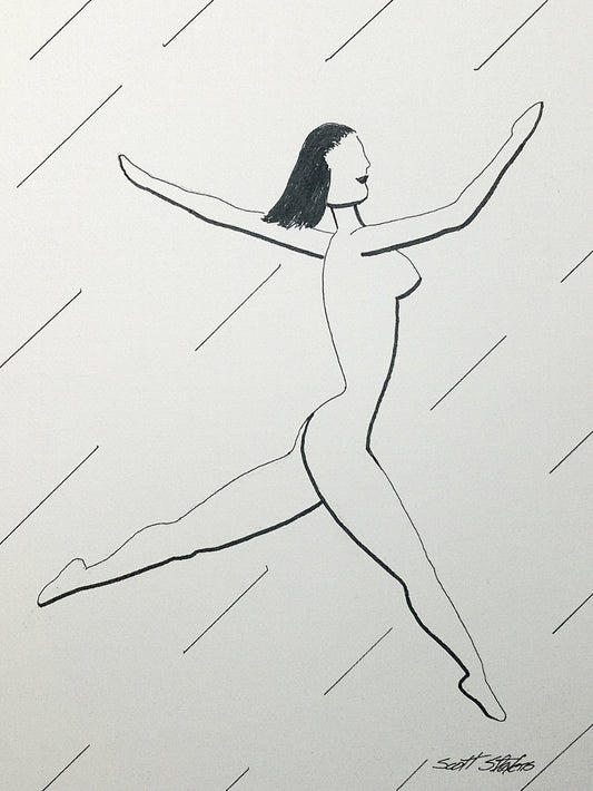 Original pen and ink drawing of a female figure dancing in a dynamic pose on 9x12 drawing paper, signed by the artist.