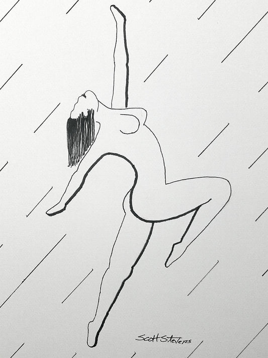 Original pen and ink drawing of a female figure in a dynamic movement pose, signed by the artist, on watercolor paper.