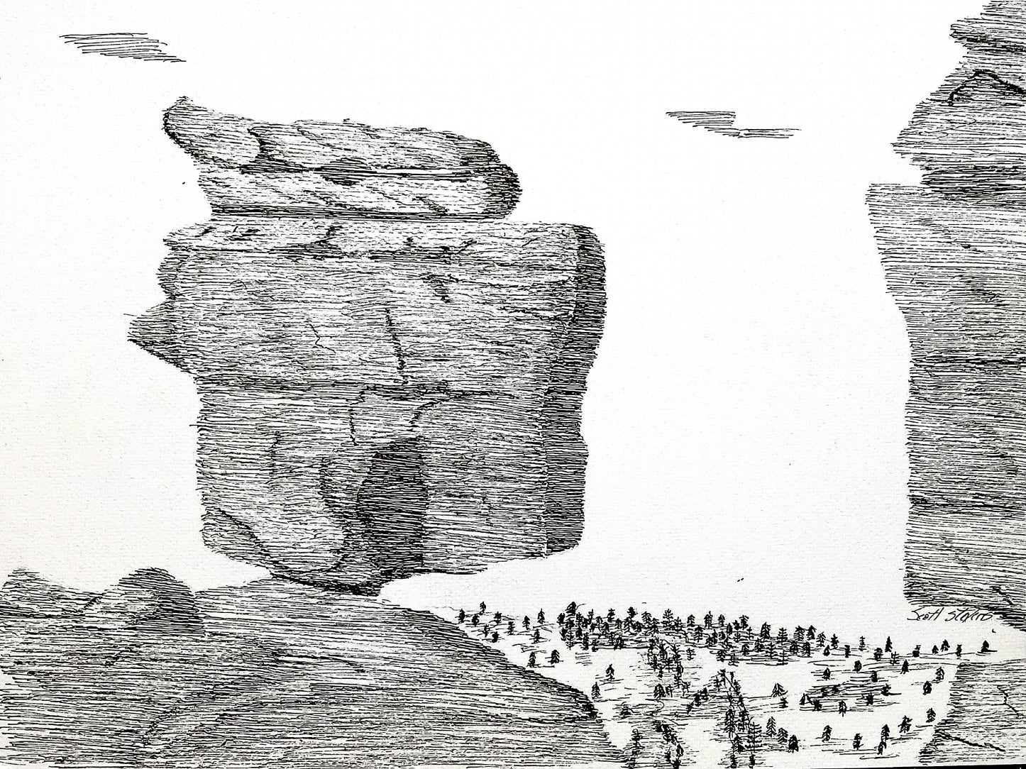 A pen and ink drawing of a stone formation with trees below, reminiscent of the 'Garden of the Gods' State Park in Colorado.