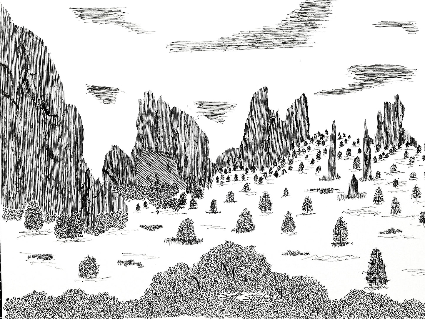A pen and ink drawing of rock formations and a landscape, likely inspired by Garden of the Gods State Park in Colorado.