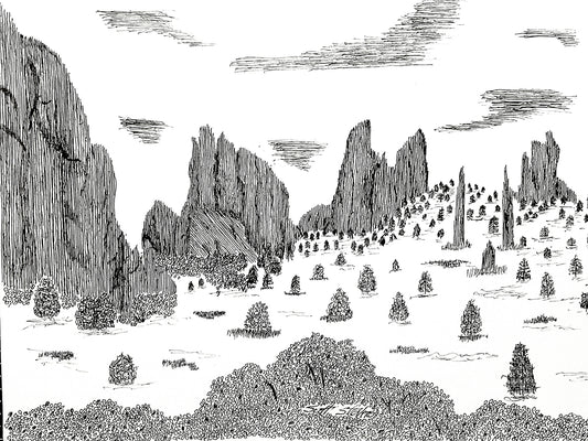 A pen and ink drawing of rock formations and a landscape, likely inspired by Garden of the Gods State Park in Colorado.