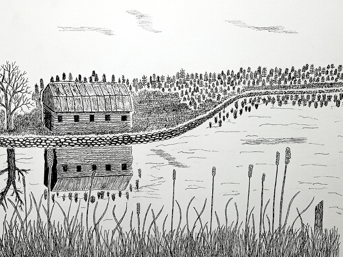 Black and white illustration of a rustic cabin by a river with trees in the background.