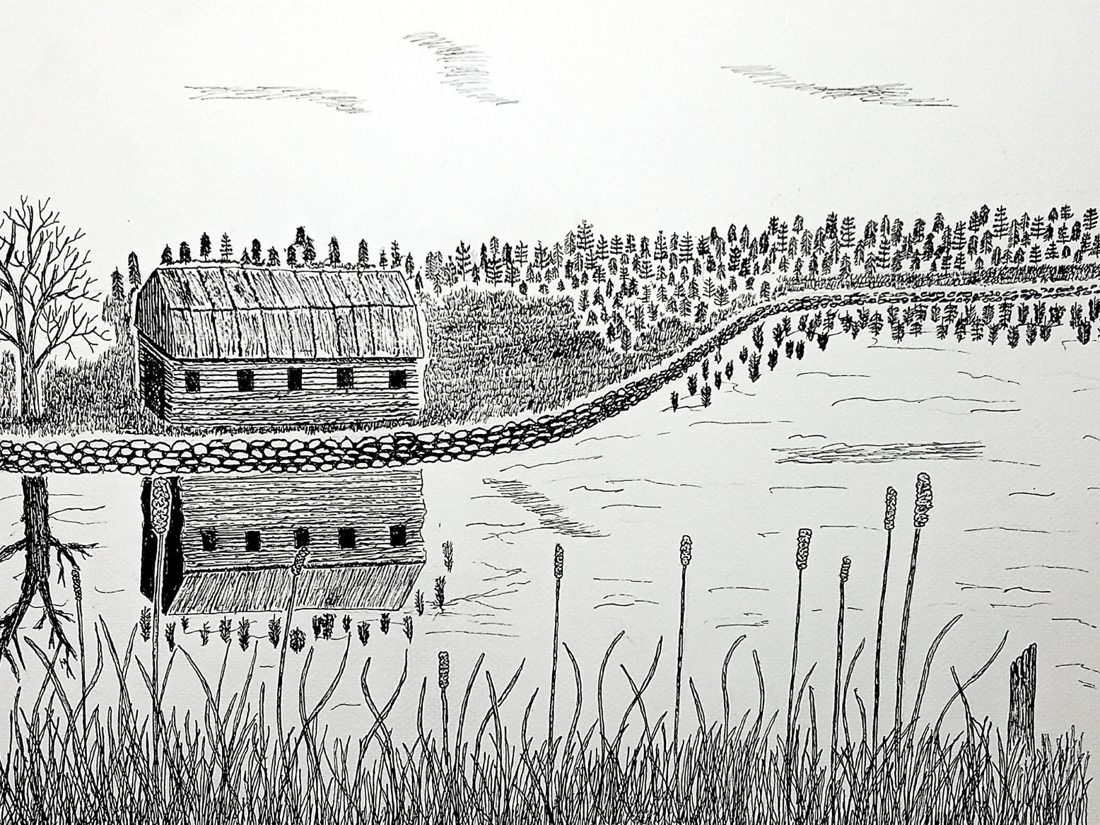 Black and white illustration of a rustic cabin by a river with trees in the background.