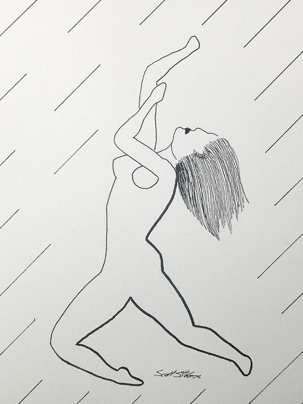 Original pen and ink drawing of a woman in movement on 9x12 watercolor paper
