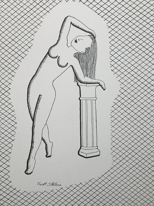Black and white drawing of a nude figure leaning against a column on a grid background