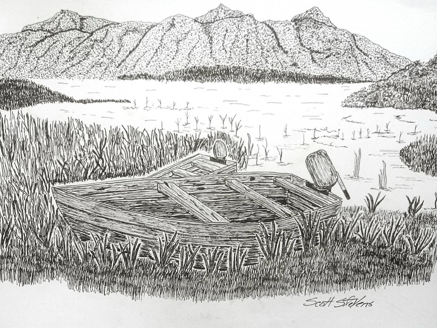A pen and ink artwork depicting two small boats on a lake with mountains in the background.