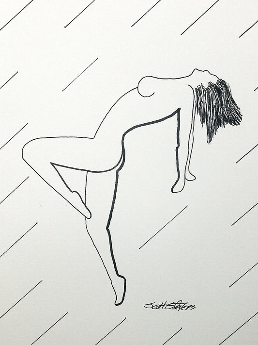 Black line drawing of a nude figure on a white background