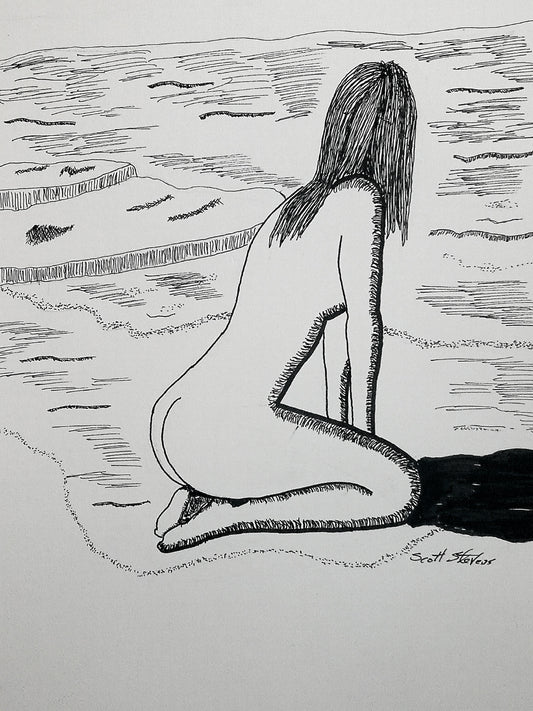 Black and white drawing of a person sitting on a beach with waves in the background