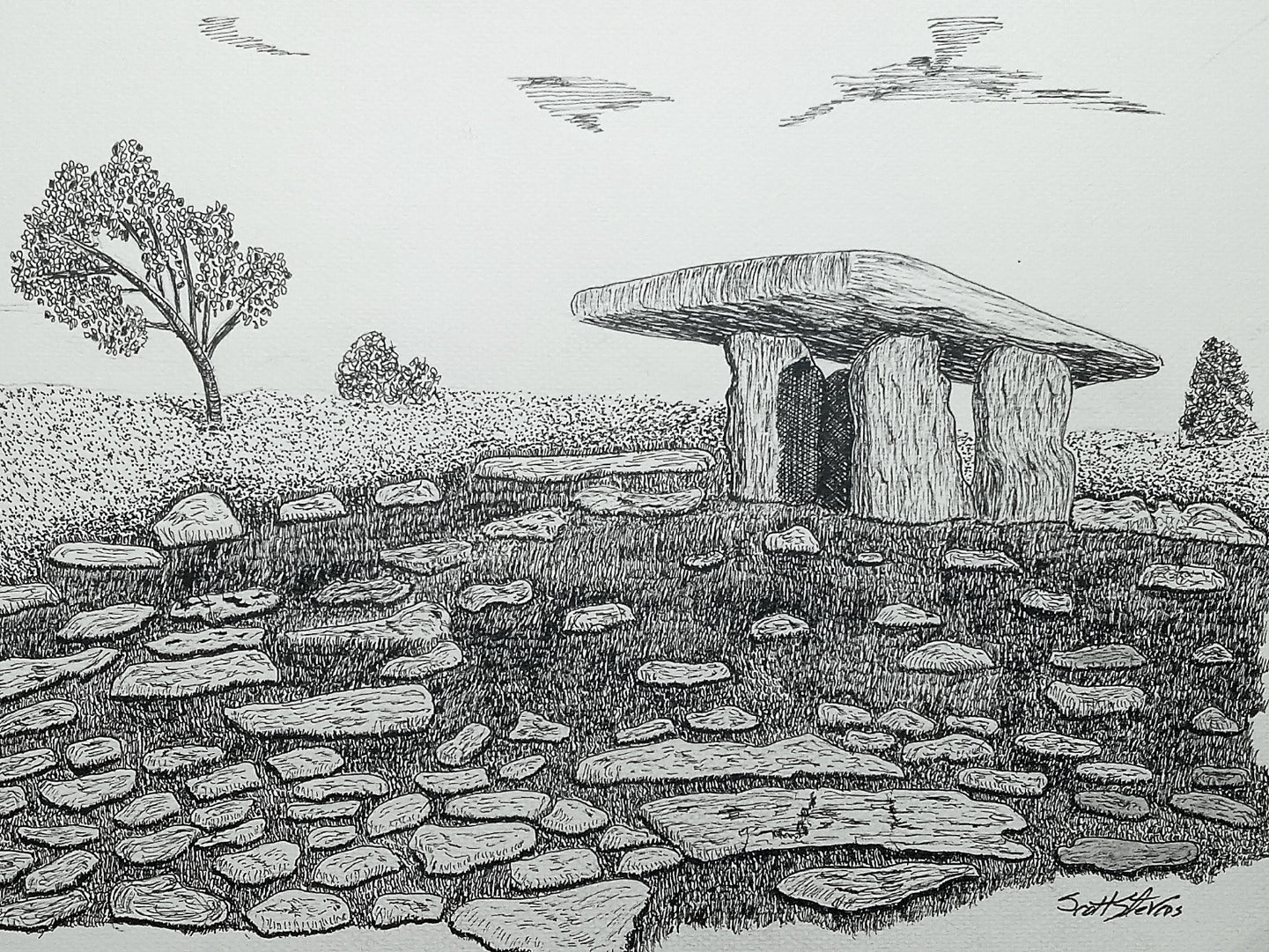 A pen and ink drawing of an ancient tomb, presumably Poulnabrone Dolmen, set against a landscape with trees and stones.