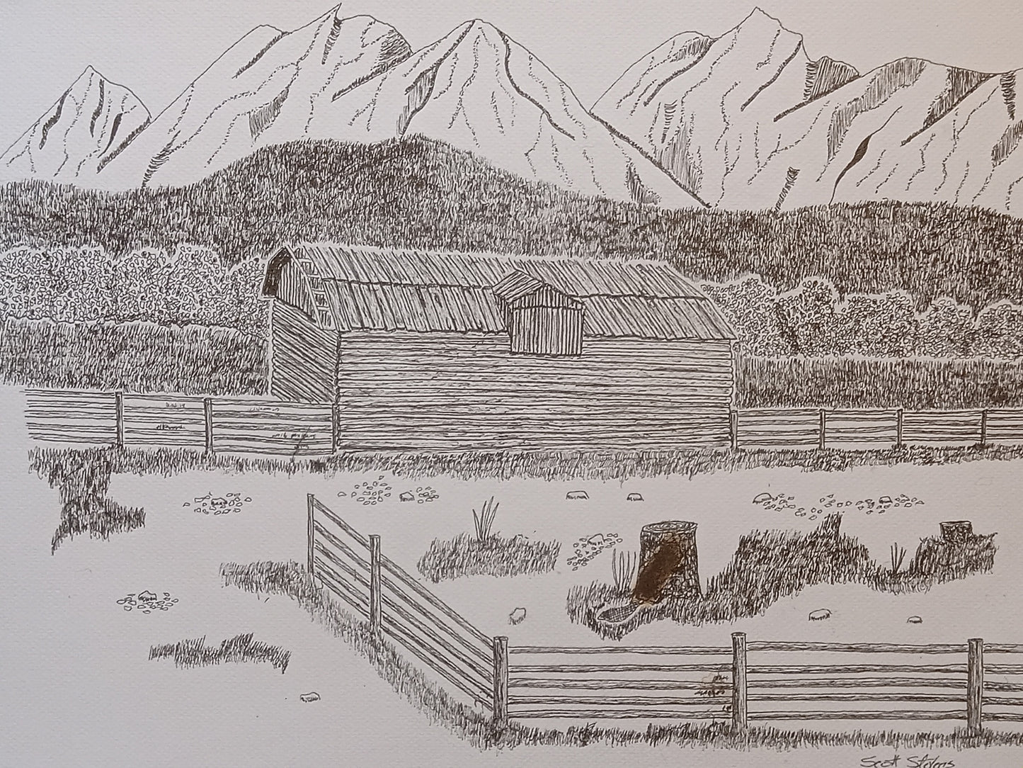 Original pen and ink drawing depicting a rustic cabin in a mountain valley with trees and a fence in the foreground.