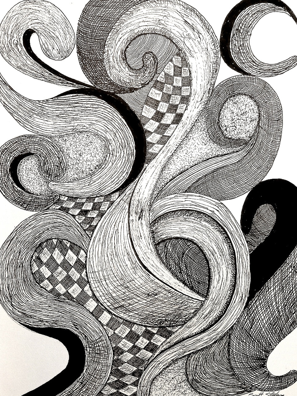 Black and white abstract line art with checkered patterns