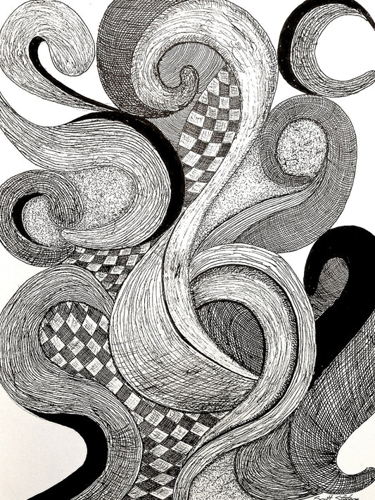 Black and white abstract line art with checkered patterns