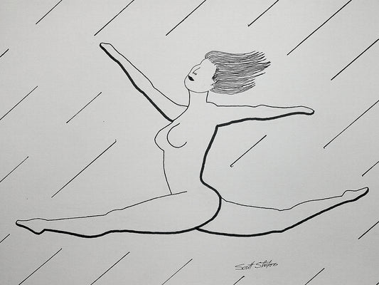 Black line drawing of a dancer on a white background