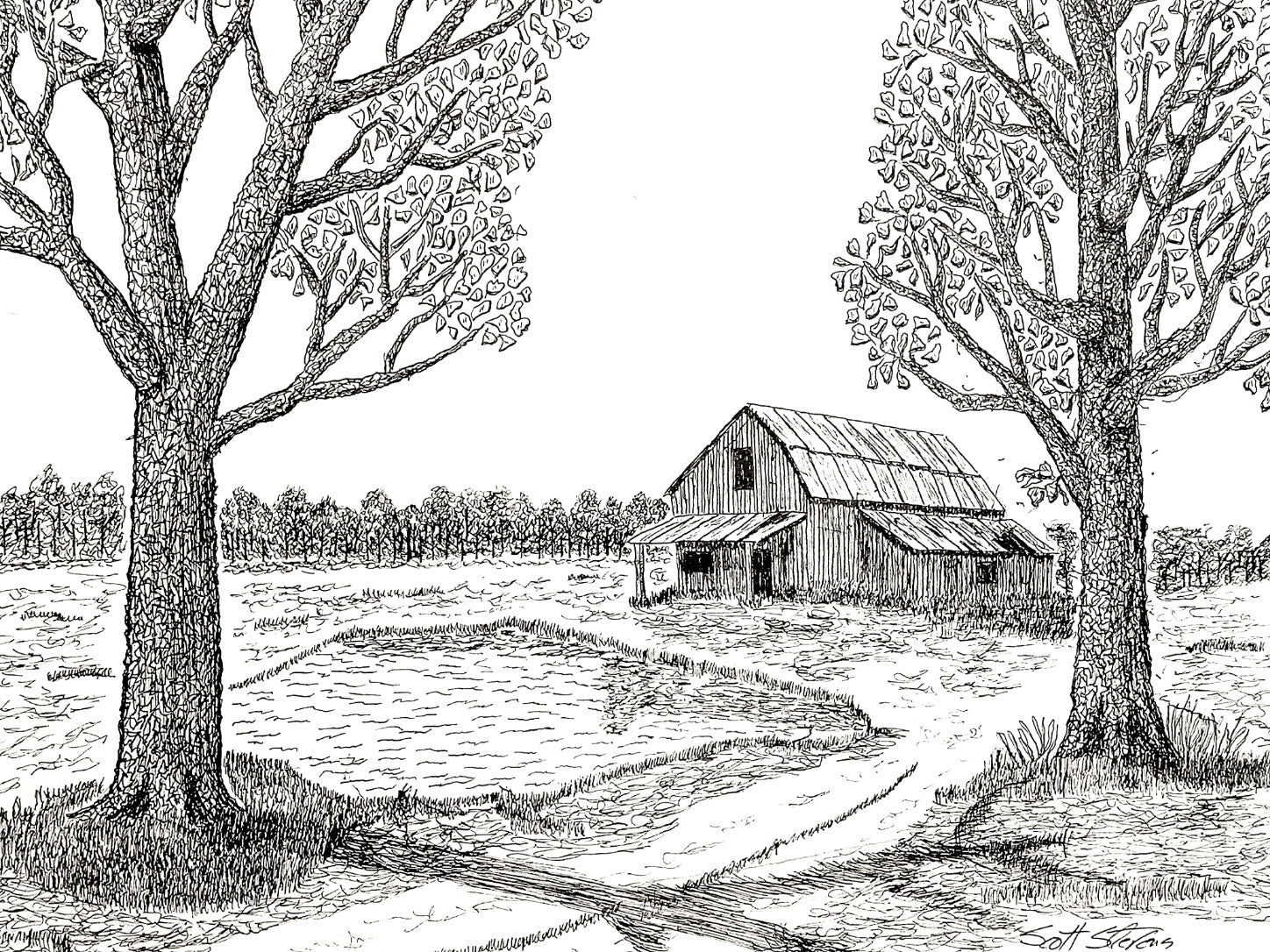 Black and white illustration of a barn between two trees in a field.