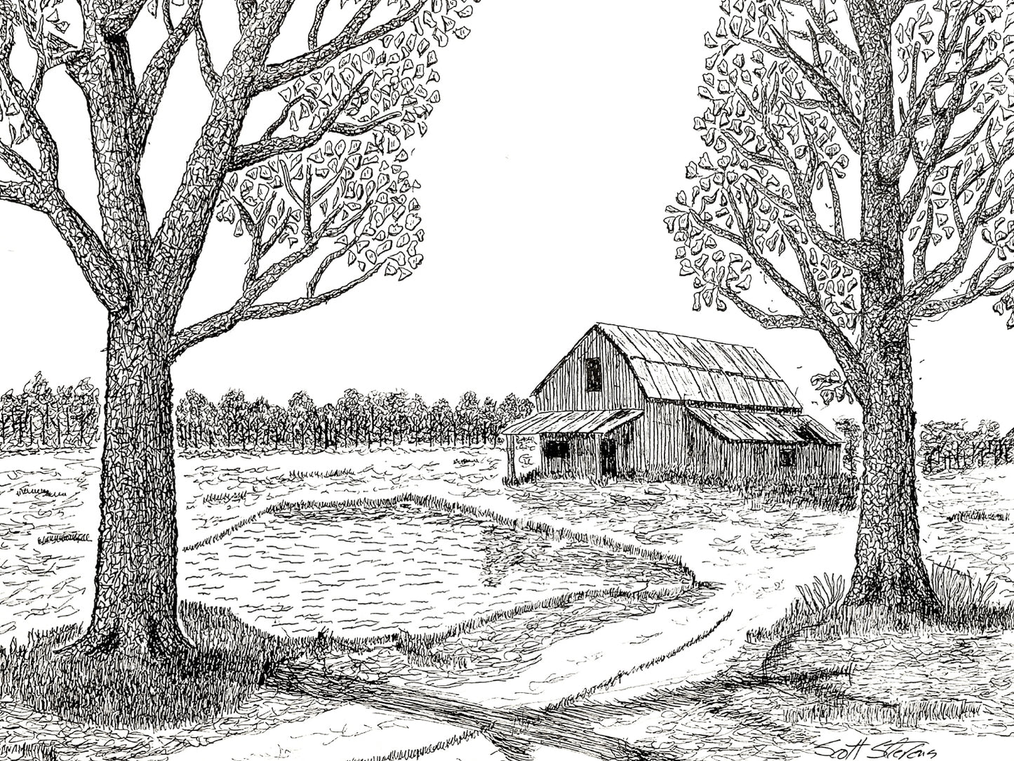Print of an original drawing of trees and an old barn with a pond nestled in a field with a tree line in the background.