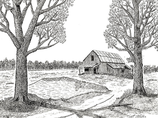 Print of an original drawing of trees and an old barn with a pond nestled in a field with a tree line in the background.