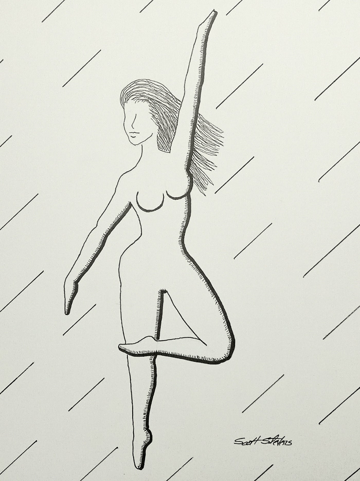 A pen and ink drawing of a female figure in a dance pose, with lines representing movement.