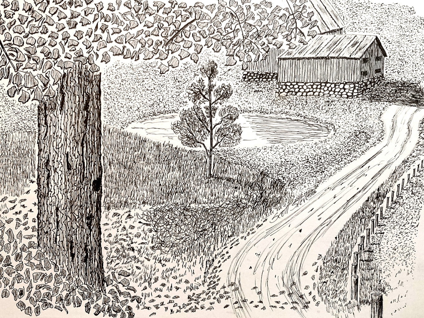 Black and white illustration of a rural landscape with a road, trees, and a building.