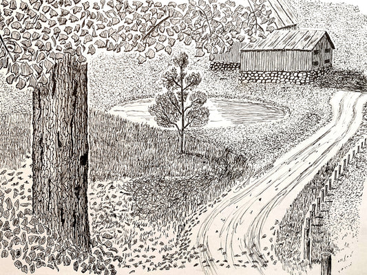 Black and white illustration of a rural landscape with a road, trees, and a building.