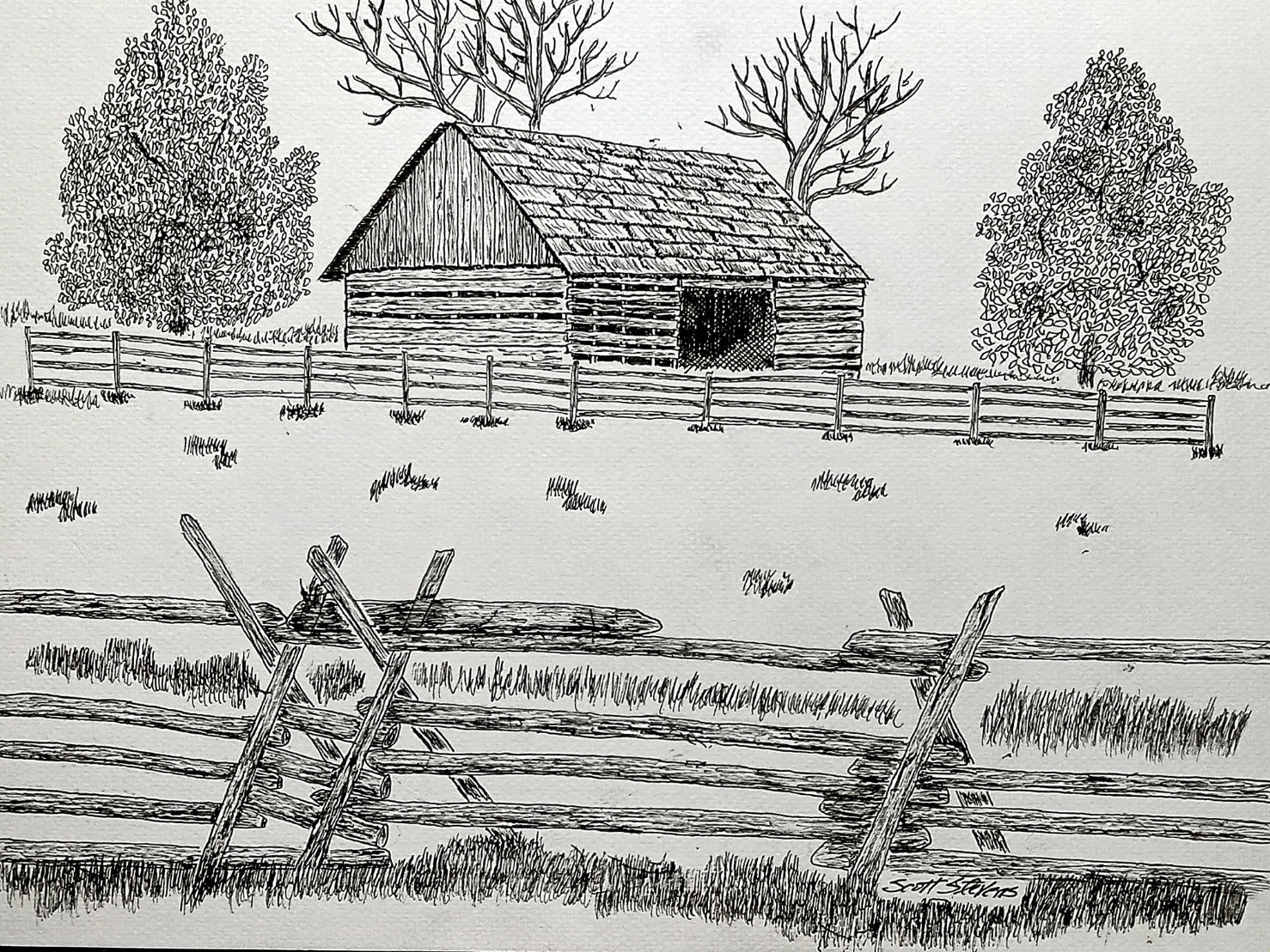 Black and white illustration of a barn with a fence and trees.