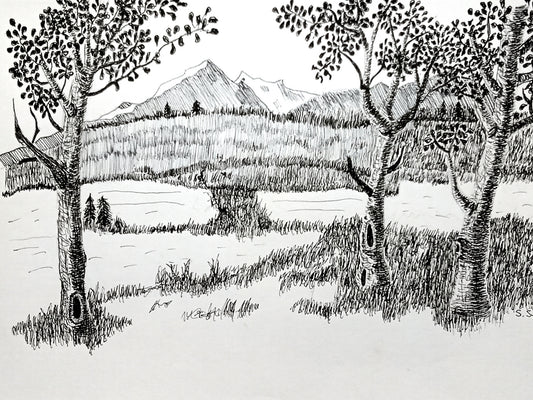 A pen and ink artwork depicting a landscape with trees, a stream, and a mountain range in the background.