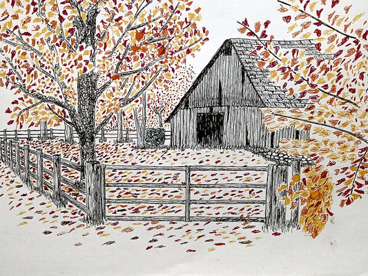 Artistic depiction of a barn with autumn leaves and trees