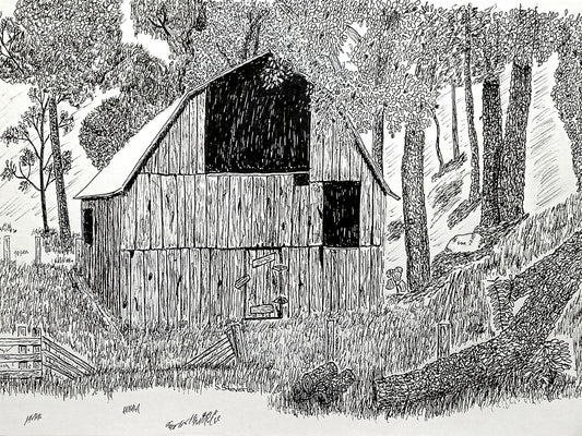 Black and white illustration of a barn in a forest