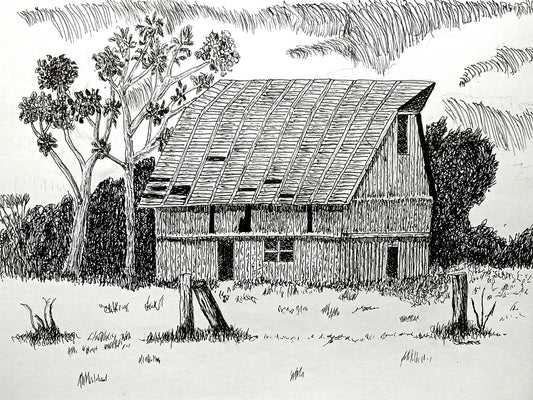 A pen and ink artwork of an old barn with trees and fence posts in the background, set on a cloudy day.