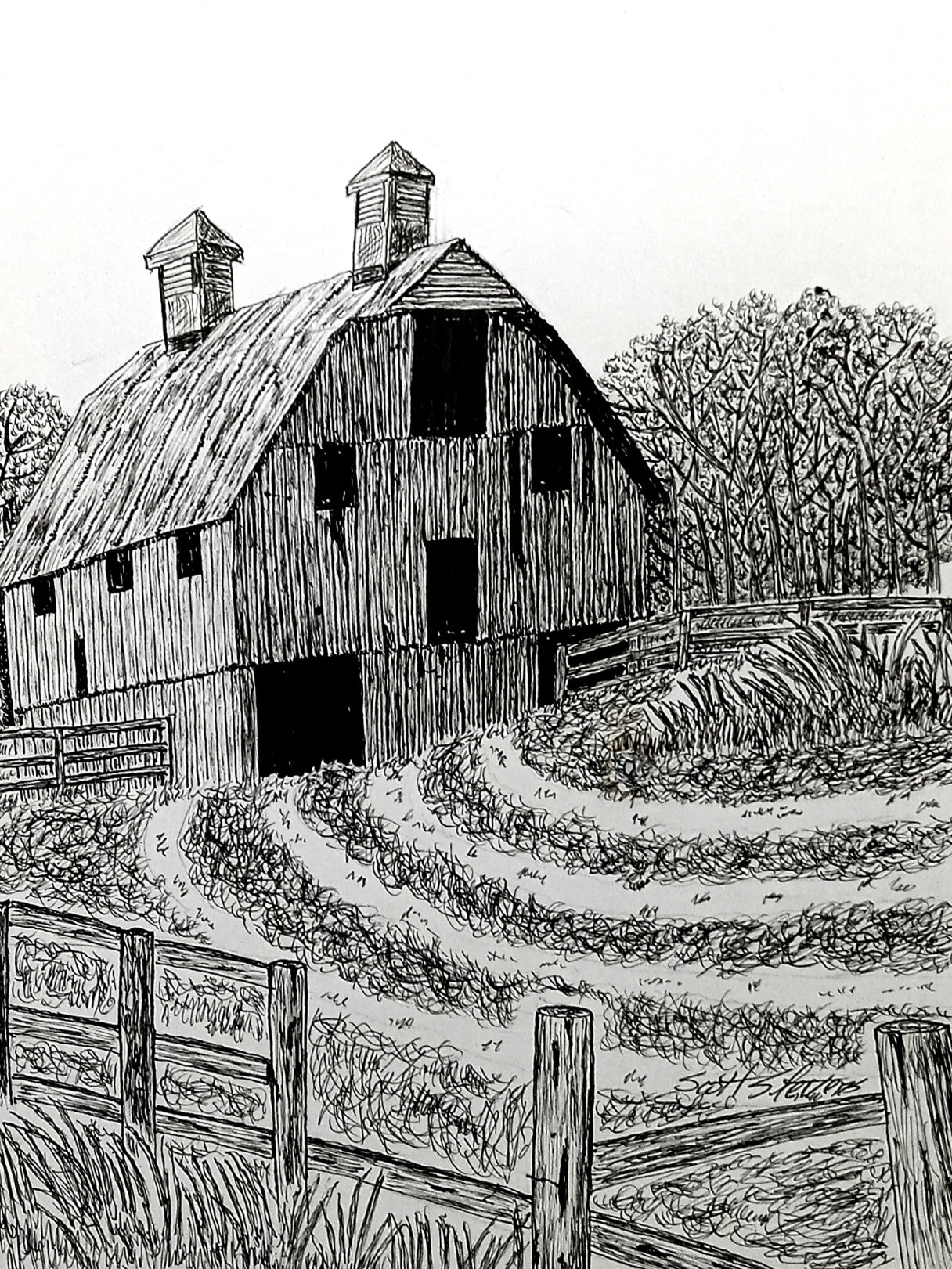 Black and white illustration of a barn with a fence and trees in the background