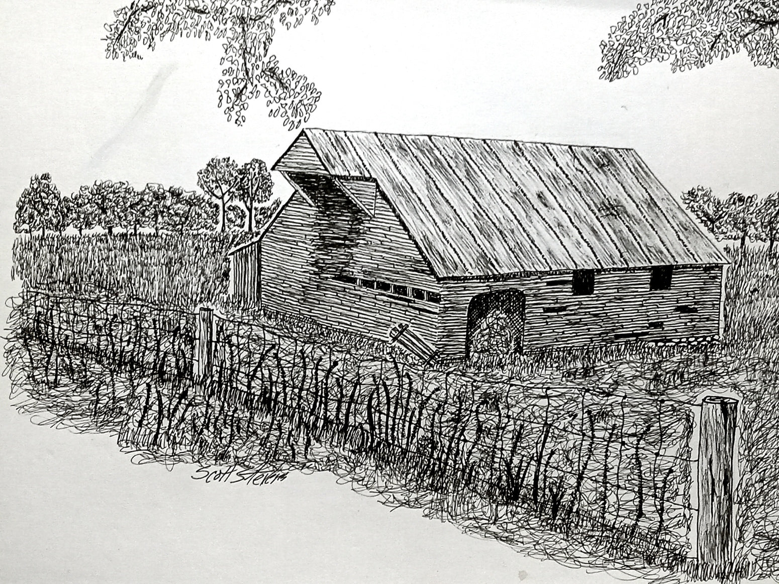 Black and white illustration of a barn with a fence and trees in the background