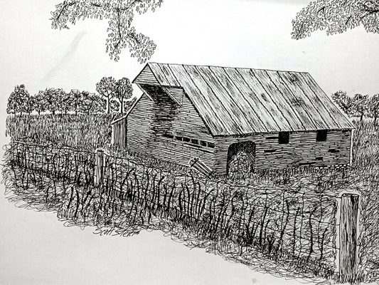 A pen and ink drawing of an old barn in a field with trees in the background and a fence in the foreground.