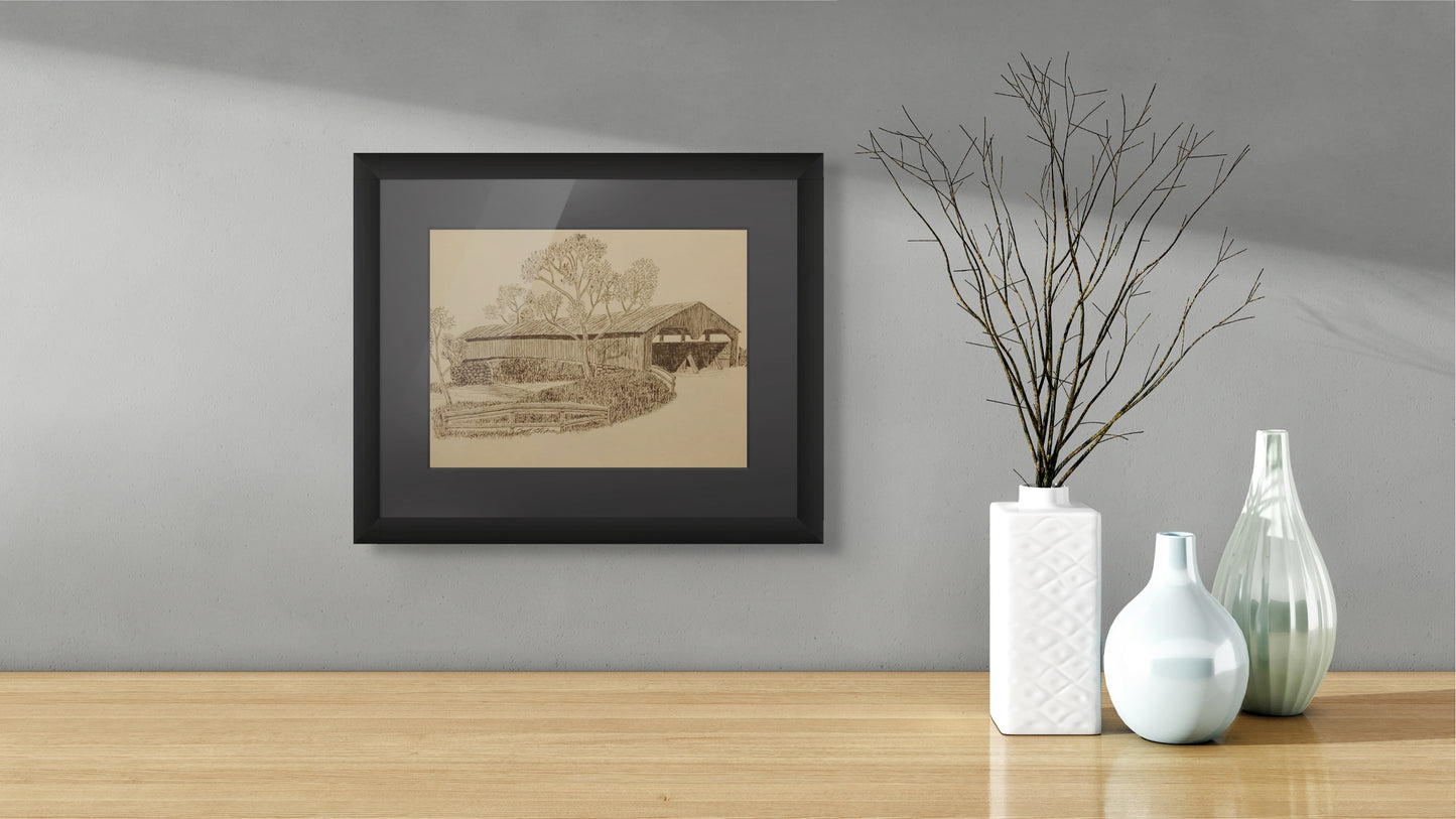 Framed print of a pen and ink drawing of a covered bridge in Va.