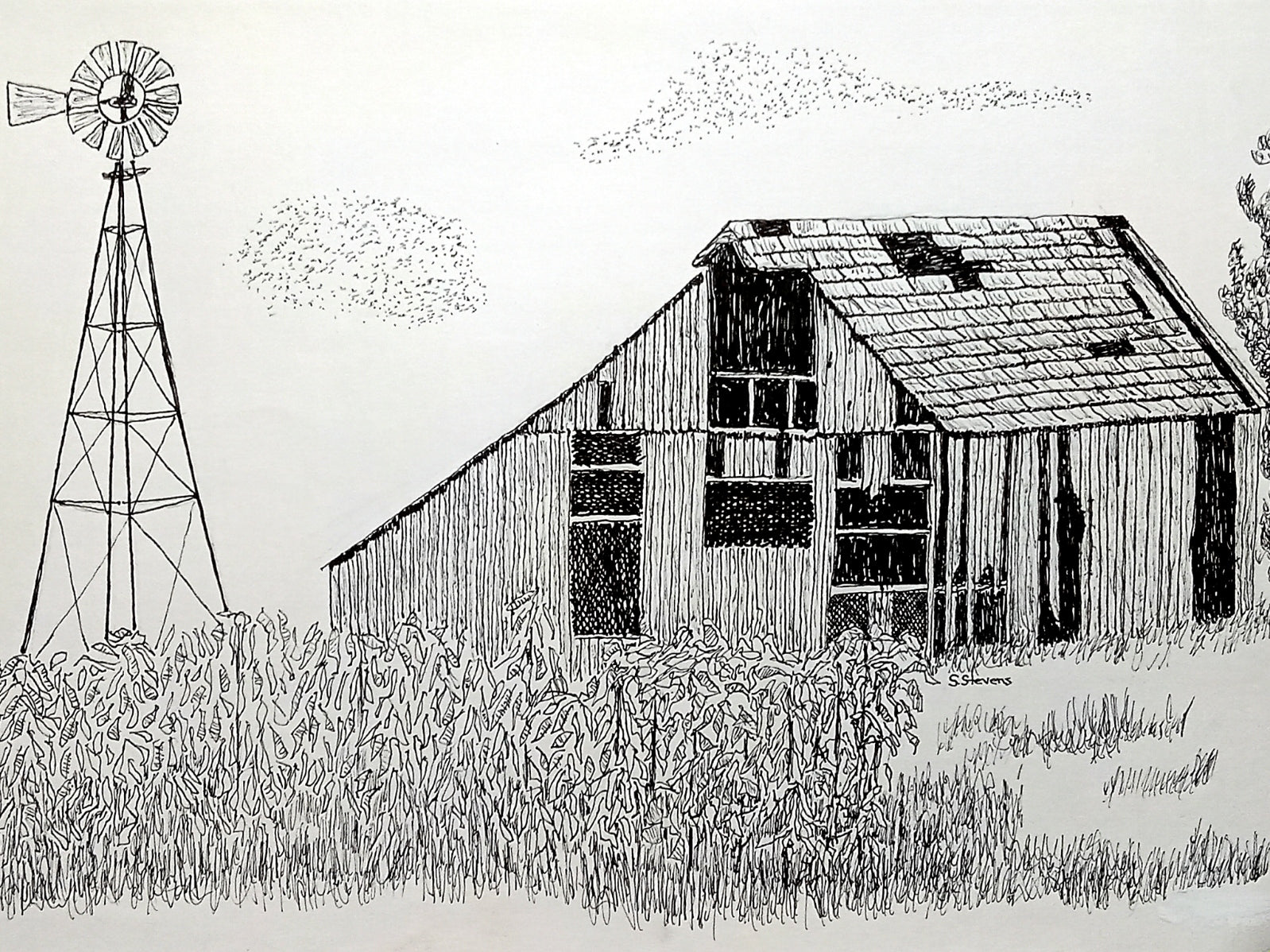 Pen and ink drawing of a old barn and windmill set in a cornfield.