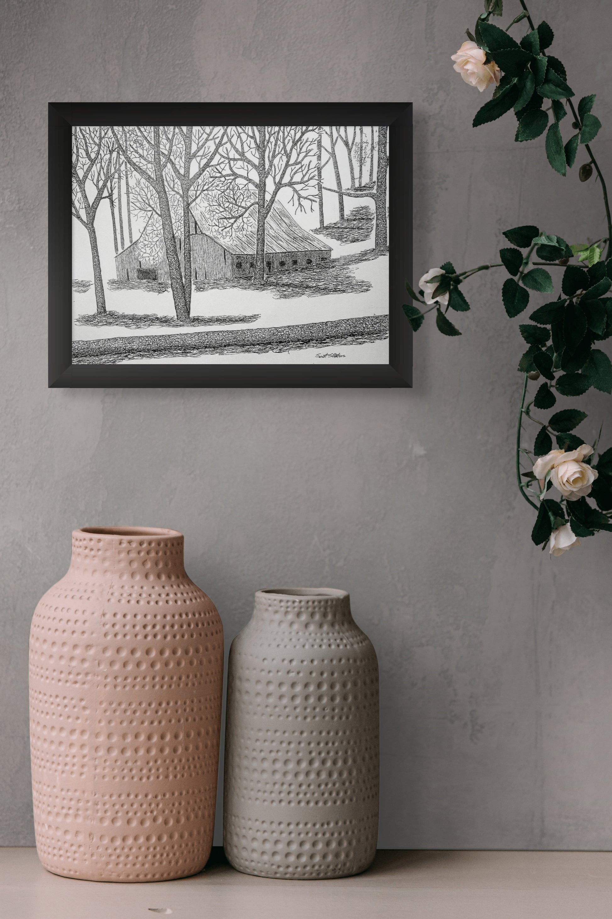 Framed pen and ink art print of trees and an old barn.