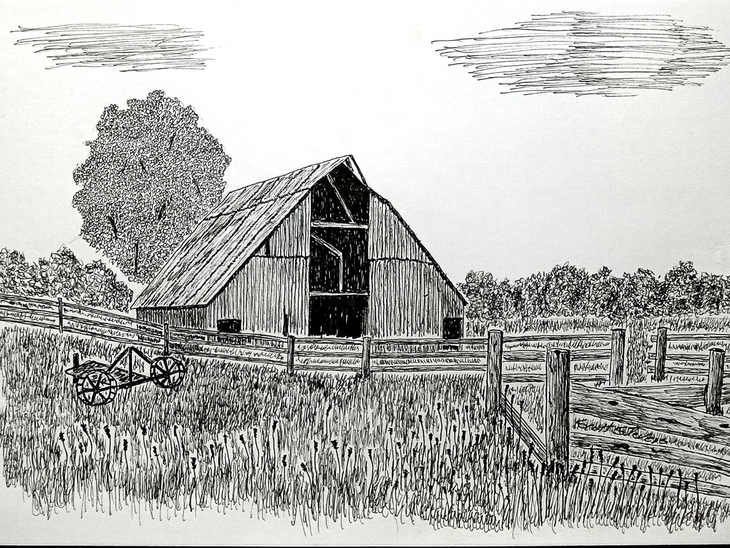 Black and white illustration of a barn with an old plow in a field