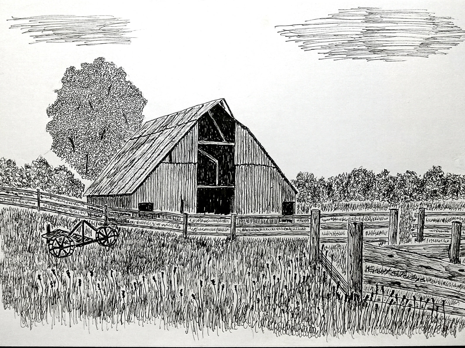 Black and white illustration of a barn with a cart in a field