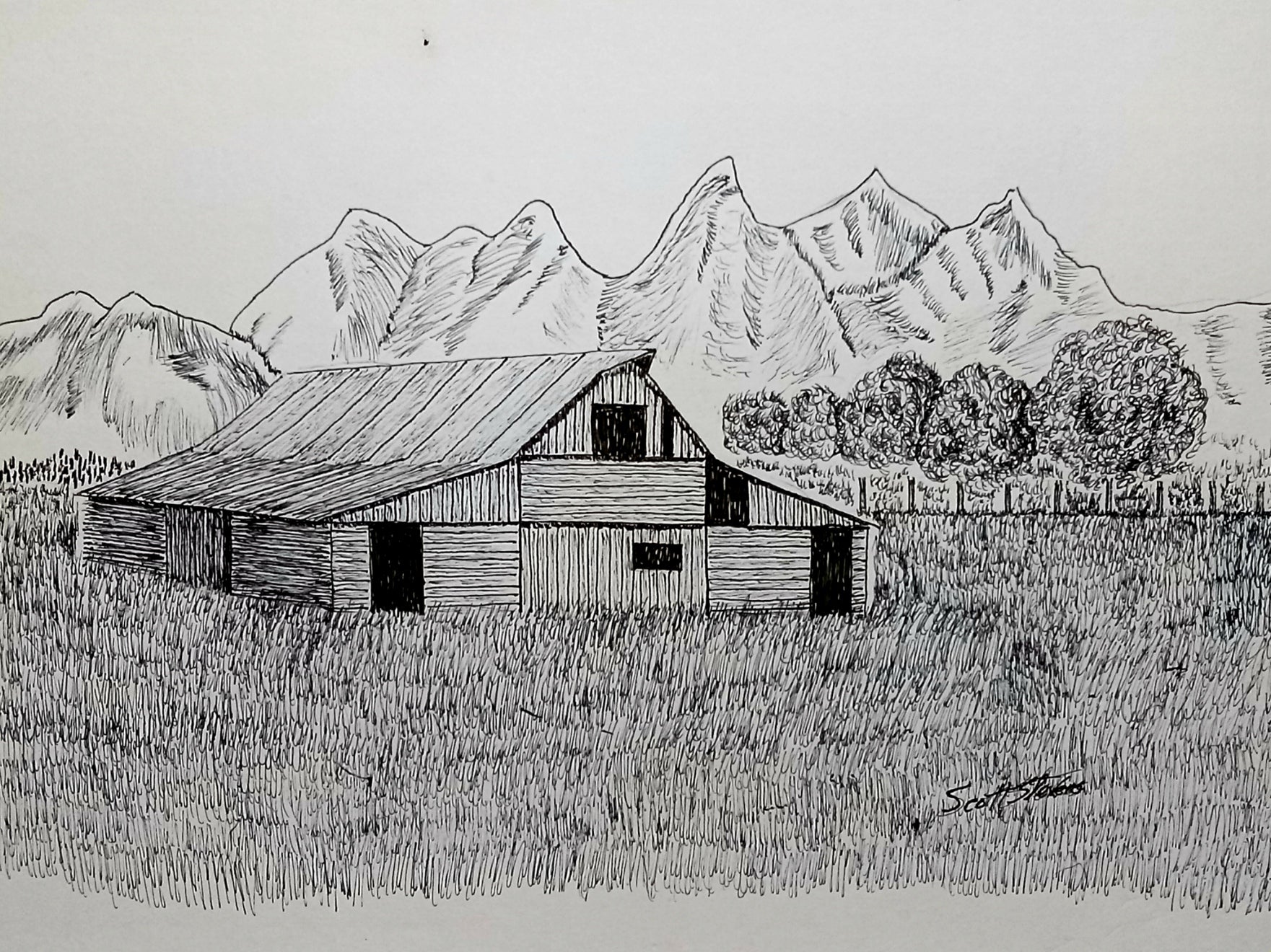 Black and white illustration of a barn with mountains in the background