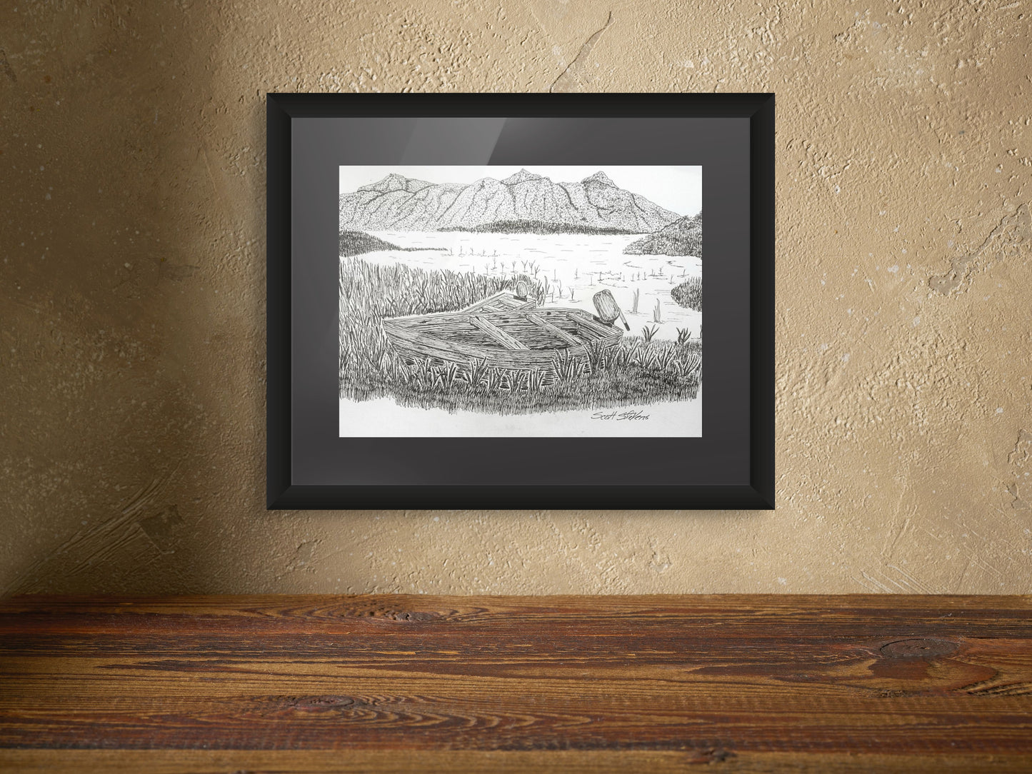 Framed print of a pen and ink drawing depicting two boats on a lake in Ireland.
