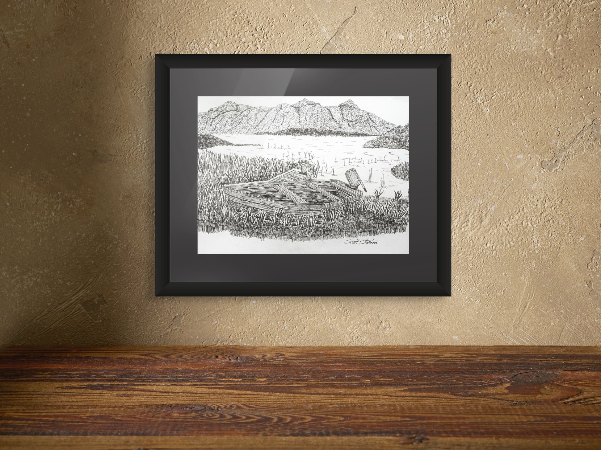 Framed print of a pen and ink drawing depicting two boats on a lake in Ireland.